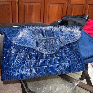 Veari Blue Oversized Leather Vegas Embossed Clutch NWT Handmade
